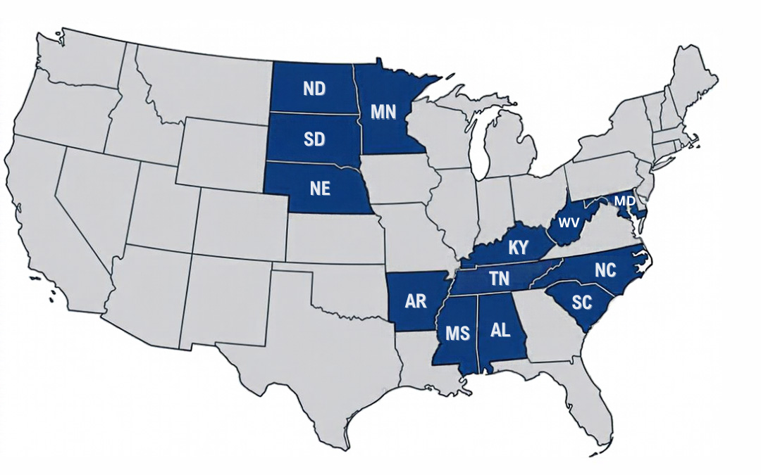 A map of the United States highlights thirteen states in dark blue, including North Dakota, South Dakota, Nebraska, Minnesota, Arkansas, Mississippi, Alabama, Tennessee, Kentucky, West Virginia, Maryland, North Carolina, and South Carolina - portal.fortifiedagencies.com